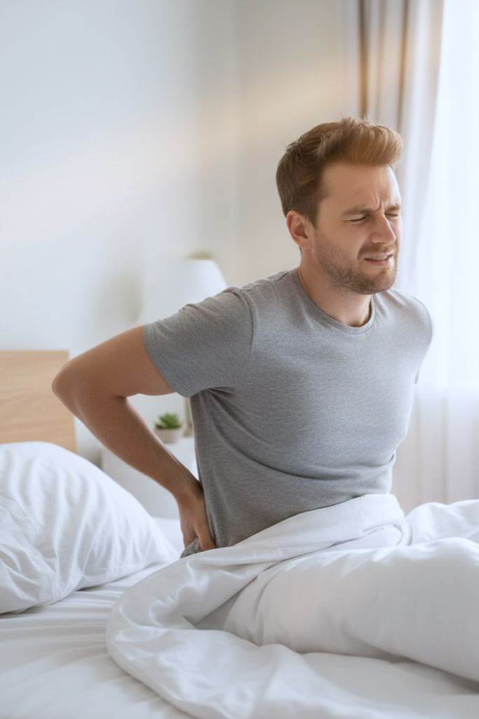 Middle-aged man experiencing chronic lower back pain due to an underlying spinal condition requiring medical evaluation.