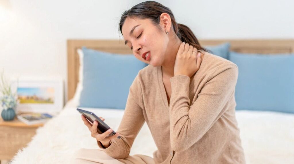 Woman experiencing neck pain and tingling sensations in her hands due to cervical nerve compression.