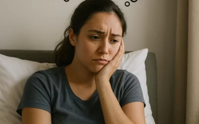 Woman experiencing memory loss, confusion, and difficulty concentrating during work, highlighting potential neurological health concerns.