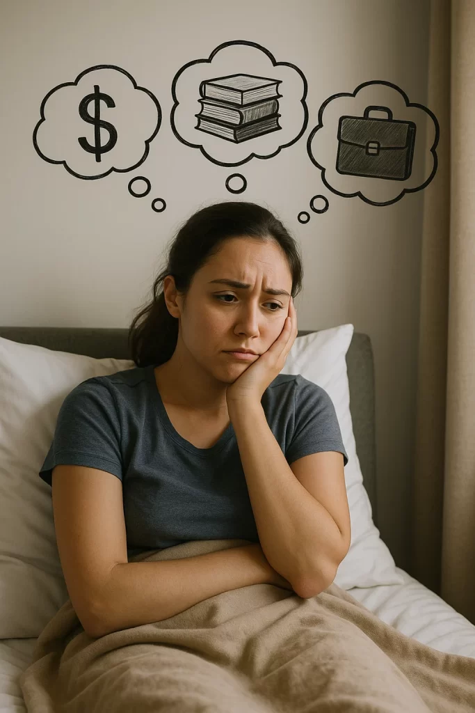 Woman experiencing memory loss, confusion, and difficulty concentrating during work, highlighting potential neurological health concerns.