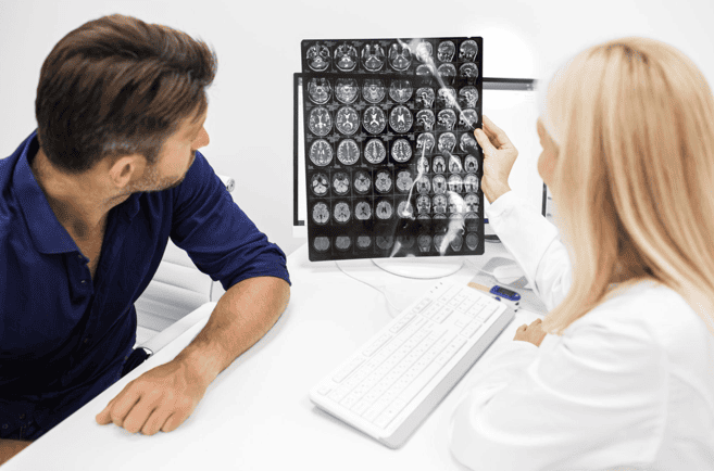 Patient receiving emergency neurological evaluation after a fall causing a potential brain injury