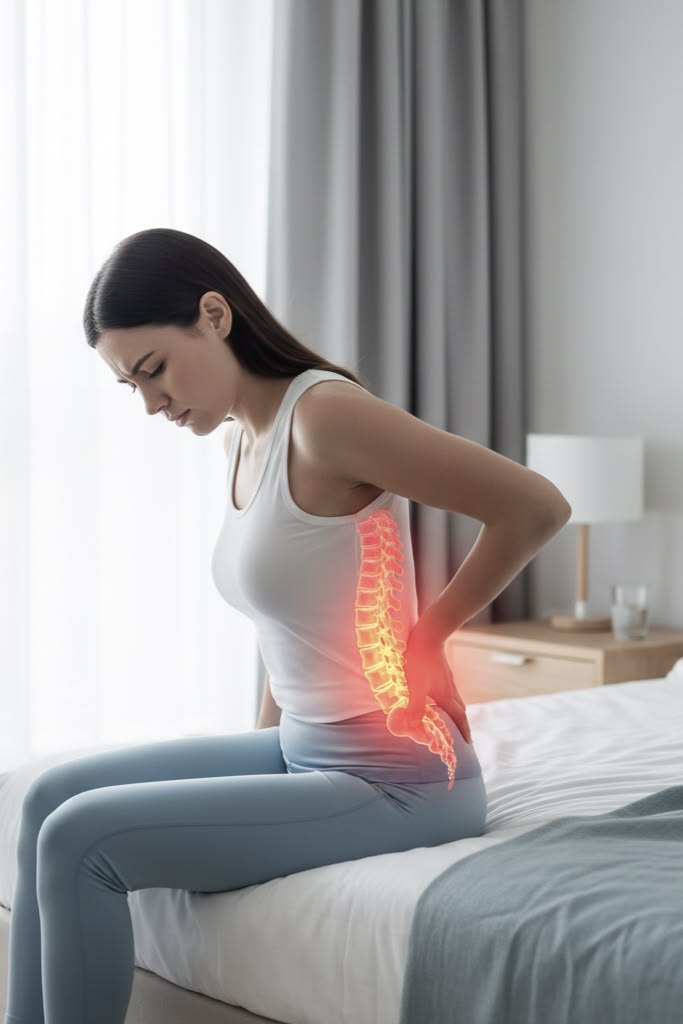 Man experiencing lower back pain radiating down the leg due to herniated disc and nerve compression